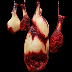 BUTCHERED PIG PARTS-HANGING WITH CHAIN-BLOODY FINISH